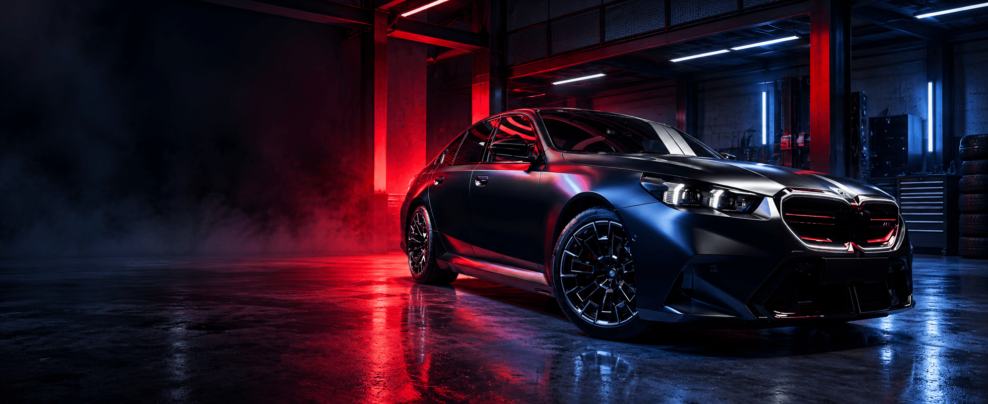 BMW nera in un’officina performance illuminata di rosso e blu